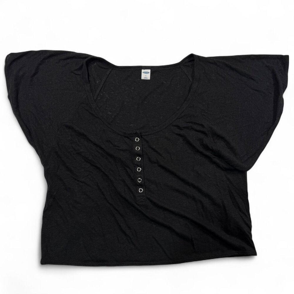 Old Navy Black Linen Blend‎ Shirt Womens Small Button Up Round Neck Lightweight